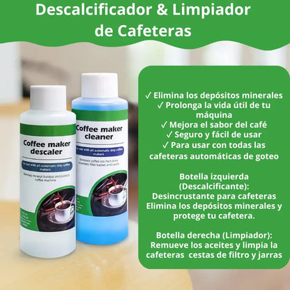 Botellas para descalcificar y limpiar cafeteras, con tapón blanco y etiquetas verdes/azules