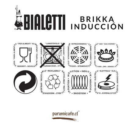Cafetera italiana Brikka Inducción Bialetti infografía con íconos de uso