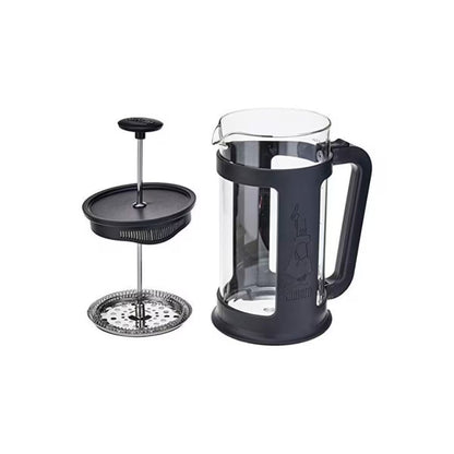 Prensa francesa Bialetti Smart negra con tapa y colador de malla, vista con piezas