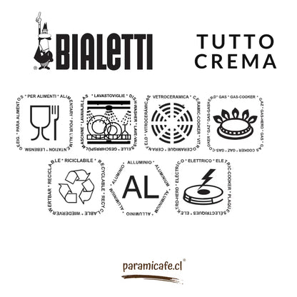 Embalaje del espumador de leche Tutto Crema Bialetti,  íconos de uso y texto informativo