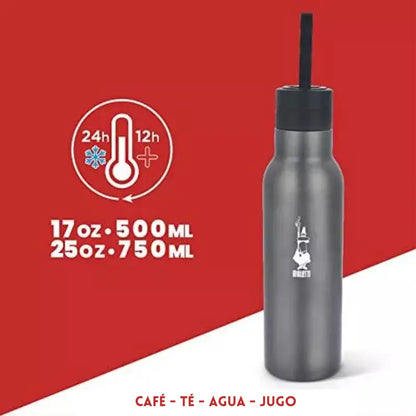 Botella térmica Bialetti 2GO gris oscuro, 500/750 ml, con tapa y pajita