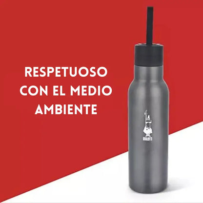 Botella térmica Bialetti 2GO gris oscuro con tapa y pajita, diseño para el día a día
