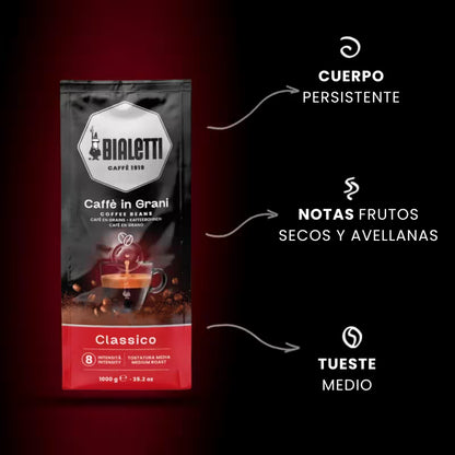 Perfil de Bialetti Classico con etiquetas: “Cuerpo persistente”, “Notas frutos secos” y “Tueste medio”