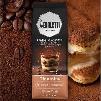 Bolsa de café molido Bialetti Tiramisú 250 g, etiqueta Caffè Macinato