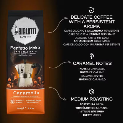 Perfil de café molido Bialetti Caramello con notas de caramelo y tostado medio