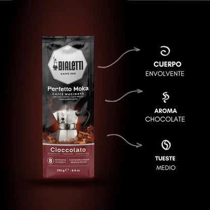 Perfil de café Bialetti Perfetto Moka Cioccolato con etiqueta informativa, 250 g.