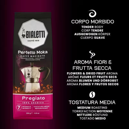 Perfil de Bialetti Perfetto Moka Pregiato con texto de aroma fiori & frutta