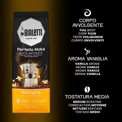 Perfil de café molido Bialetti Perfetto Moka vainilla con aroma y tostado medio