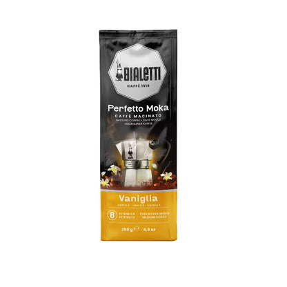 Bolsa de café molido Bialetti Perfetto Moka vainilla, 250 g, empaque negro y amarillo