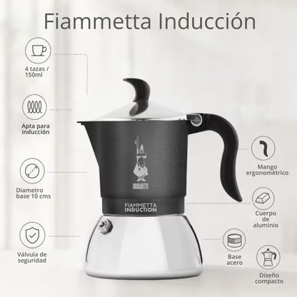 Cafetera italiana tipo moka Bialetti Inducción, negro y base blanca, 4 tazas/150 ml