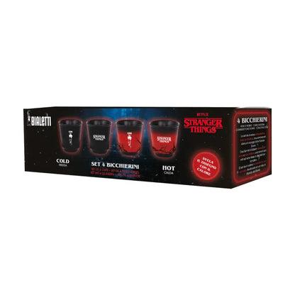 Set de 4 vasos Bialetti Stranger Things en caja con iconos Frío y Caliente.