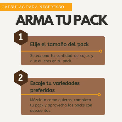 Tarjeta promocional para armar pack de cápsulas Bialetti Nespresso con pasos numerados