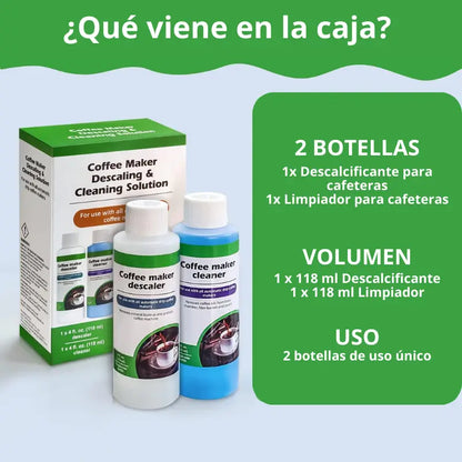 Kit de 2 botellas para descalcificar y limpiar cafeteras, con caja blanca y verde