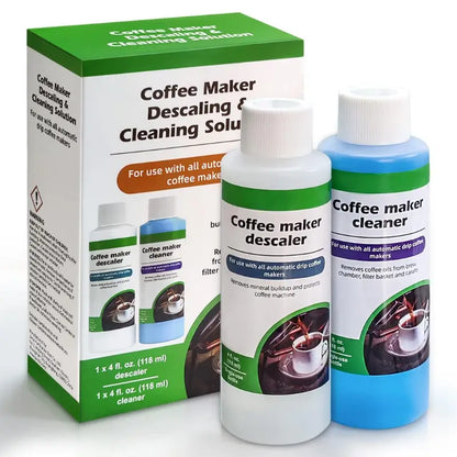 Kit con caja y botellas: descalcificador de etiqueta verde y limpiador de etiqueta azul