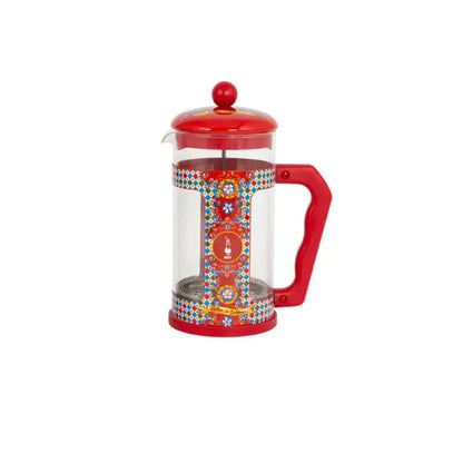 Prensa francesa con jarra de vidrio y tapa roja esférica, asa roja con decoración