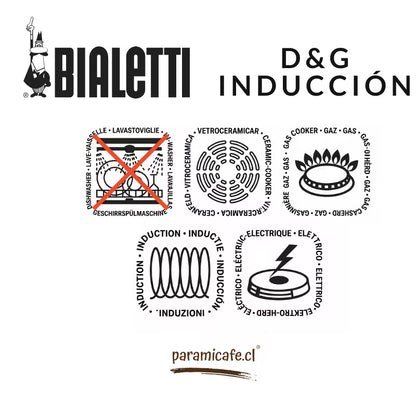 Cafetera moka de inducción: panel con logos Bialetti D&G e iconos de inducción