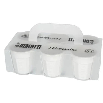 Set de 6 vasos de cerámica para espresso Bialetti en blanco, dentro de su caja.
