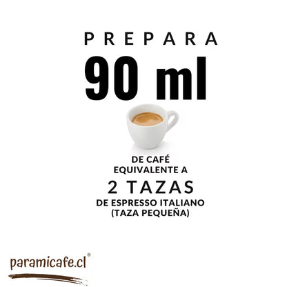 Infografía con taza y texto "Prepara 90 ml" para 2 tazas de espresso