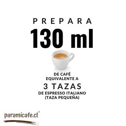 Cartel de instrucciones: prepara 130 ml, equivalente a 3 tazas espresso italiano