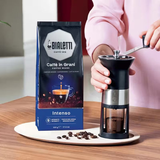 Bolsa de café en grano Bialetti Intenso, 500 g, frente azul y negro