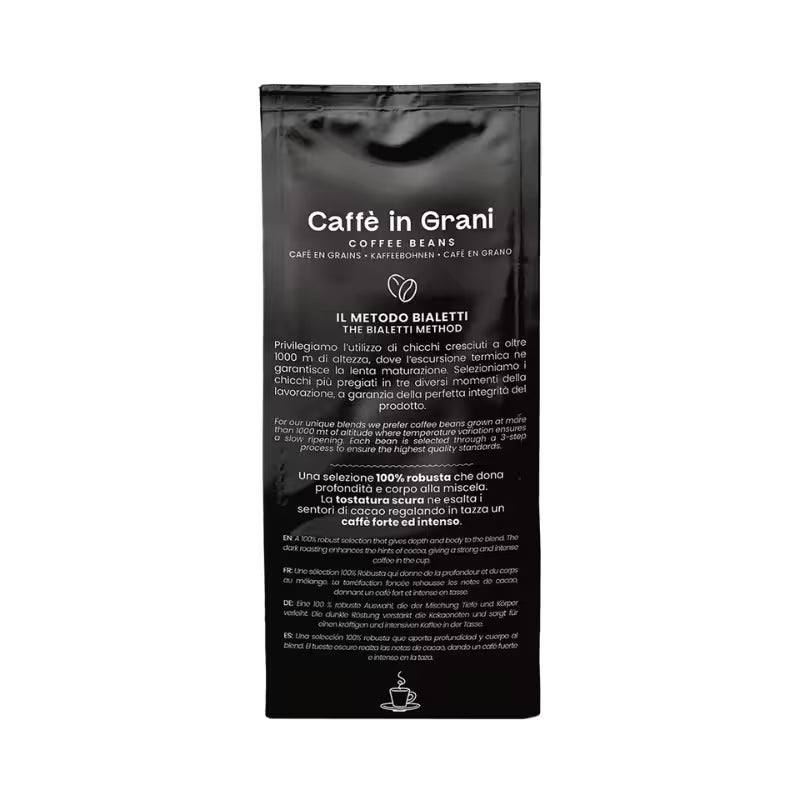 Bolsa de café en grano Bialetti Intenso, vista trasera con texto