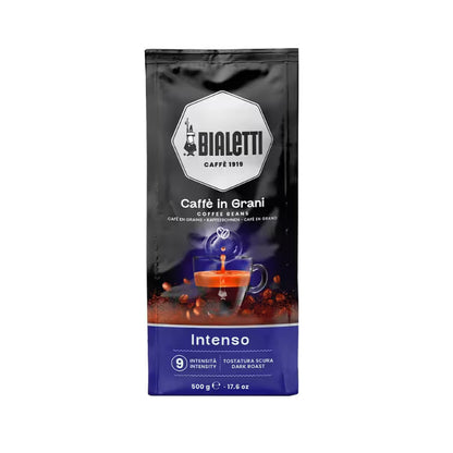 Bolsa de café en grano Bialetti Intenso, empaque negro con franja azul