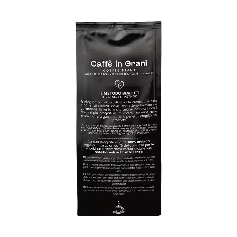 Bolsa de café en grano negra con información impresa y logotipo Bialetti