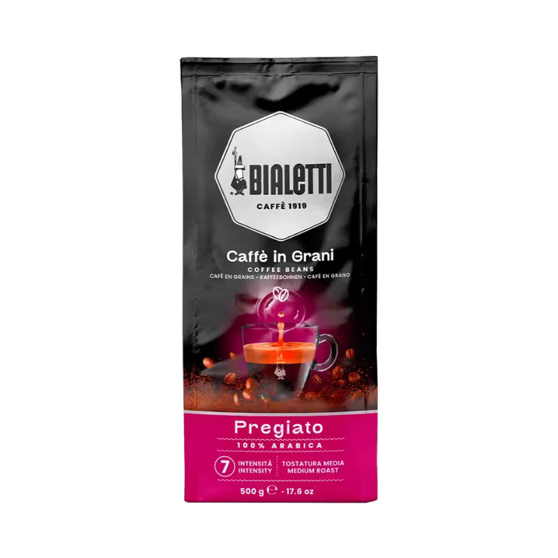 Bolsa de café en grano Bialetti negra con logotipo hexagonal y franja morada
