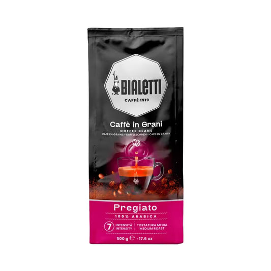 Bolsa de café en grano Bialetti negra con logotipo hexagonal y franja morada