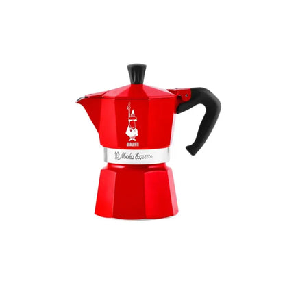 Cafetera de moka roja Bialetti con asa negra y base abombada