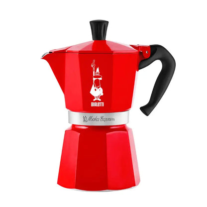 Cafetera de moka roja Bialetti con manija negra y tapa con pomo negro