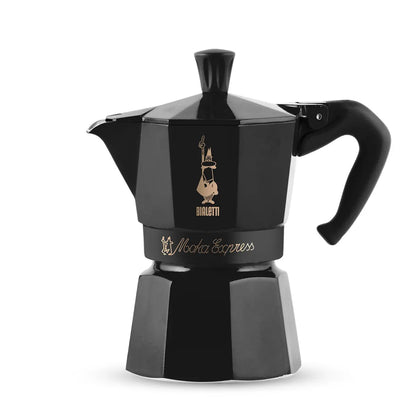 Cafetera moka Bialetti negra con asa lateral y logotipo, cuerpo de aluminio