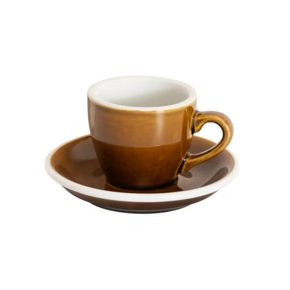 Juego de taza y plato espresso de cerámica marrón con borde blanco