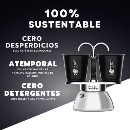 Cafetera Mini Induction con 2 tazas negras y diseño compacto