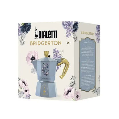 Caja Bialetti BRIDGERTON con cafetera moka azul celeste e ilustración floral