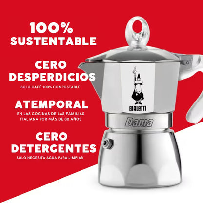 Cafetera Bialetti Dama de acero inoxidable, asa lateral y tapa superior