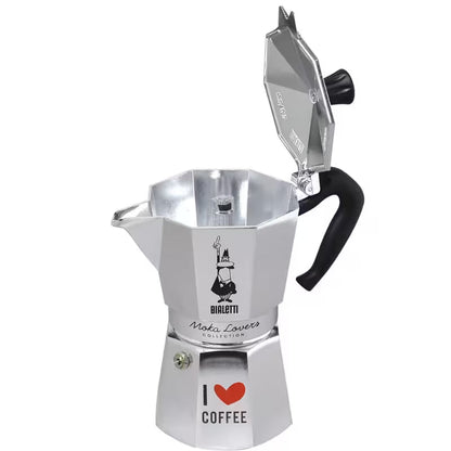 Cafetera Moka Express I Love Coffee abierta mostrando filtro y caldera