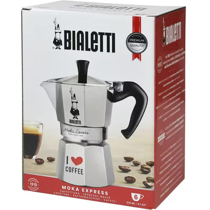 Cafetera Moka Express I Love Coffee Bialetti con caja de embalaje
