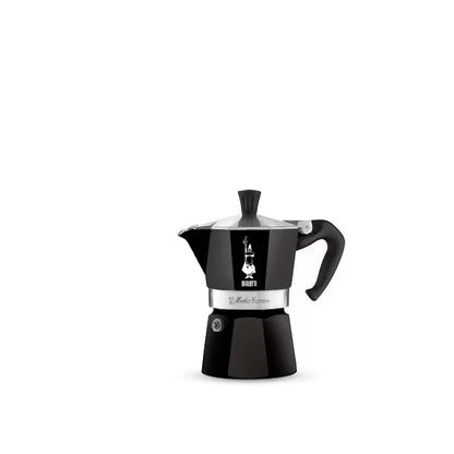 Cafetera italiana Moka Express Bialetti negra vista lateral con tapa y asa