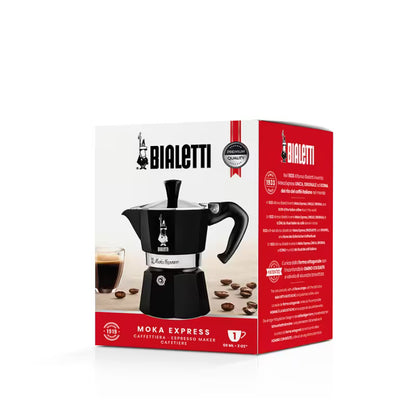 Caja de cafetera Moka Express Bialetti negra con ilustración del producto