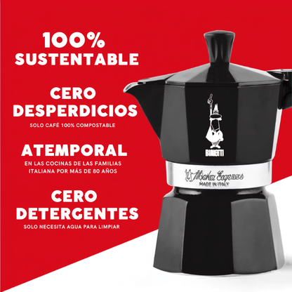 Cafetera Moka Express Bialetti negra: 100% sostenible, cero desperdicios