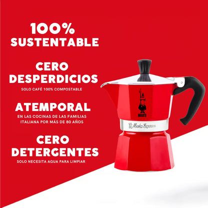 Cafetera italiana Moka Express Bialetti roja con asa negra, fondo con texto
