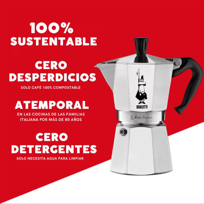 Cafetera moka Bialetti de aluminio con asa negra y tapa superior negra