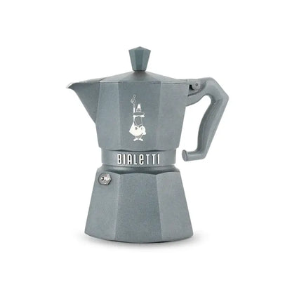 Cafetera italiana tipo moka octogonal color azul, con asa y tapa superior