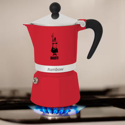 Cafetera tipo moka Rainbow roja con tapa plateada y asa negra