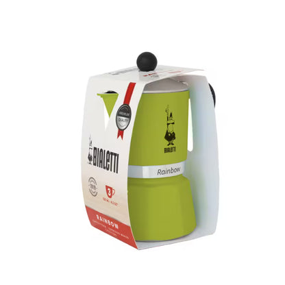 Cafetera tipo moka Rainbow verde en su empaque de cartón