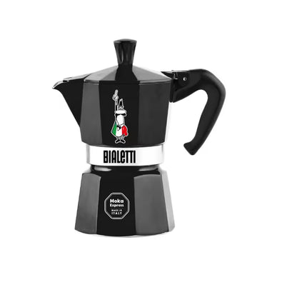 Cafetera italiana Moka Express Bialetti negra con asa y emblema