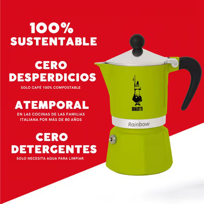 Cafetera tipo moka Rainbow verde con tapa plateada y mango negro