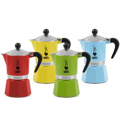 Conjunto de cafeteras tipo moka Rainbow en rojo, amarillo, verde y azul