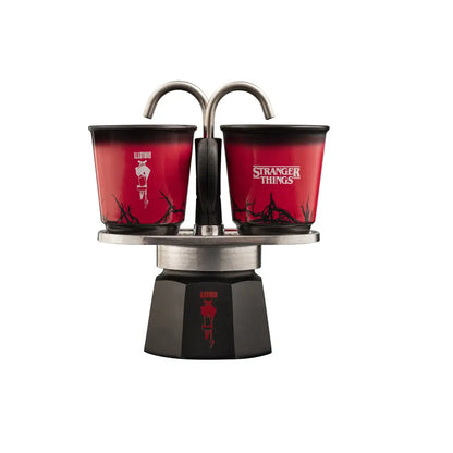 Cafetera moka Mini Express Bialetti Stranger Things roja con 2 vasos